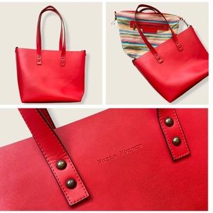 Nuria Morera large red leather tote with striped clip-in liner‎ handbag purse